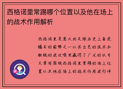 西格诺里常踢哪个位置以及他在场上的战术作用解析