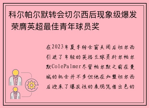 科尔帕尔默转会切尔西后现象级爆发 荣膺英超最佳青年球员奖