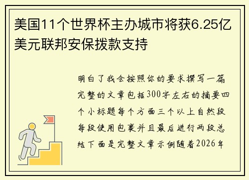 美国11个世界杯主办城市将获6.25亿美元联邦安保拨款支持