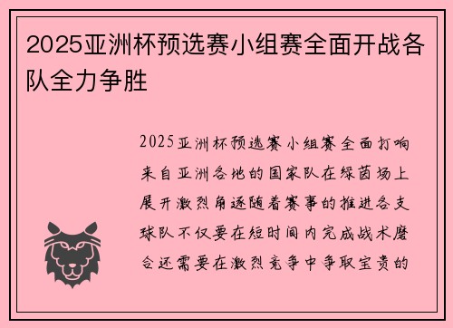 2025亚洲杯预选赛小组赛全面开战各队全力争胜