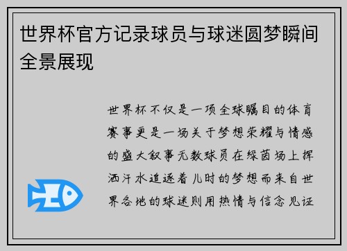 世界杯官方记录球员与球迷圆梦瞬间全景展现